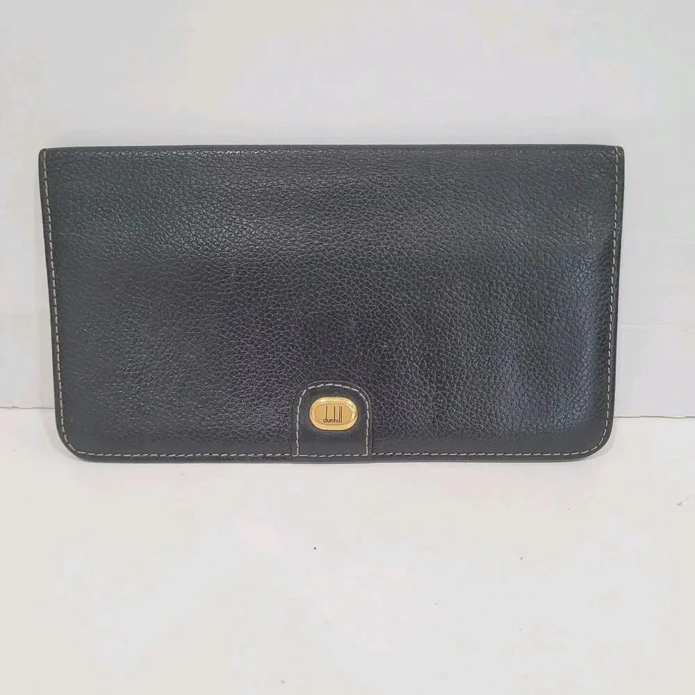 Dunhill Designer Card Bill Holder Wallet Black Bifold Pebble Leather Stitch Long